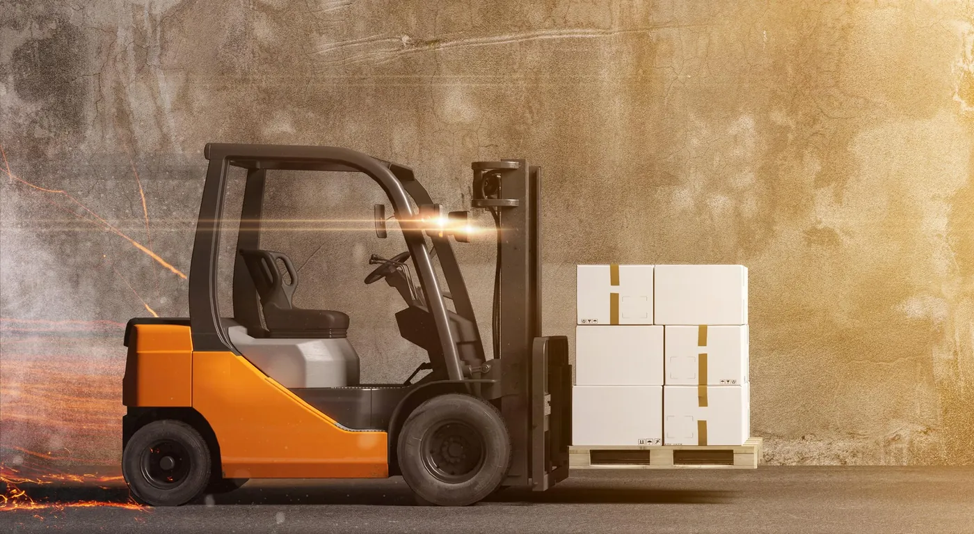 Forklift moving a pallet tracked by RFID in a produce warehouse