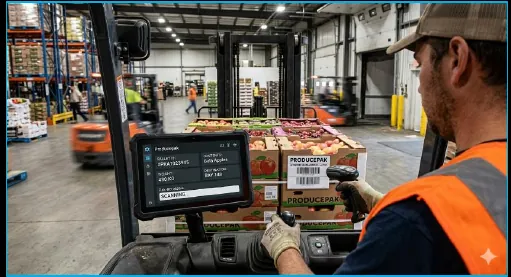 Warehouse worker scanning a pallet of apples during dispatch with a forklift tablet