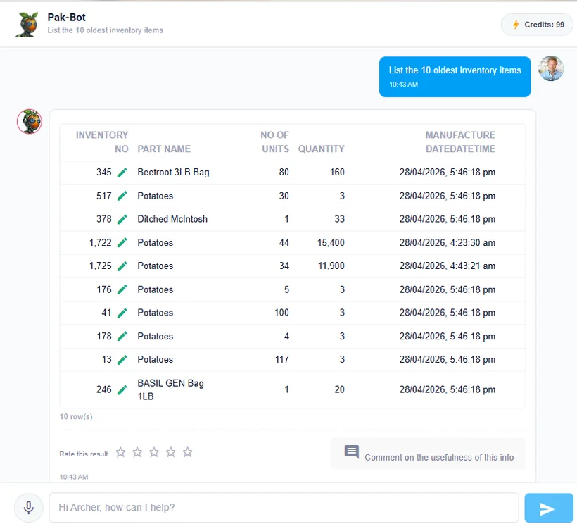 Pak-Bot chatbot answering a request for the ten oldest inventory items in a produce warehouse