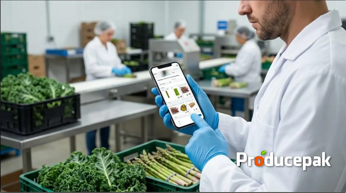 Packhouse quality inspector holding a phone running Producepak AI inspection beside kale and asparagus