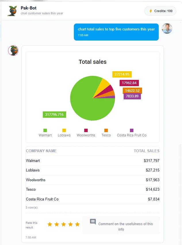 Pak-Bot returning a pie chart and table of sales to the top five customers